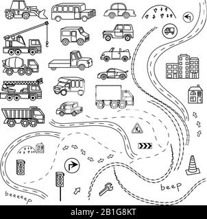 jeu de fond de dessin animé noir et blanc de voiture, livre de coloriage, dessin monochrome. Voitures noires et blanches sur fond blanc. Pour la conception de wallpa Illustration de Vecteur