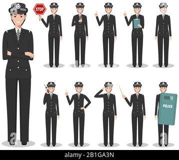 Concept de police. Illustration détaillée de la policier britannique en uniforme traditionnel debout dans différentes poses dans un style plat isolé sur blanc Illustration de Vecteur