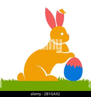 Joli logo de lapin de Pâques, icône ou illustration tenant l'oeuf de Pâques et assis sur le motif plat d'herbe Banque D'Images