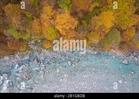 Vue aérienne de la rivière Verzasca pendant la période du feuillage en automne, près de la ville de Lavertzzo. Valle Verzasca, Canton Tessin, Suisse. Banque D'Images