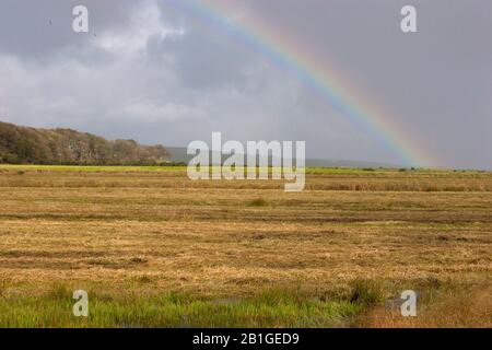 Rainbow et nuages de pluie sur les marais. Prise Octobre. Loch Gruinart, Île D'Islay, Argyll, Écosse, Royaume-Uni. Banque D'Images