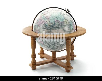 Rendu tridimensionnel du globe cartographique mondial vintage sur un support en bois sur fond blanc. Certains éléments de l'image fournie à partir de la bibliothèque du domaine public Banque D'Images