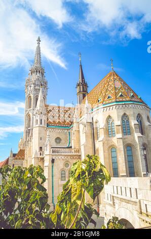 Photo verticale de l'église Matthias, également connu sous le nom de l'église de l'Assomption de la château de Buda, à Budapest, Hongrie. Magnifique Cathédrale gothique dans la capitale hongroise. Monument touristique. Banque D'Images