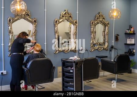 Un coiffeur coiffant les cheveux d'une femme d'âge moyen dans un salon de coiffure ou un salon de coiffure moderne Banque D'Images