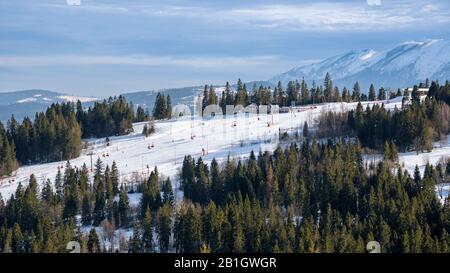 Vue aérienne sur les pistes de ski dans les montagnes polonaises de Tatra Banque D'Images