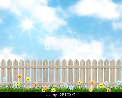 Graphique informatique, ciel nuageux derrière une clôture de piquetage en bois avec fleurs Banque D'Images