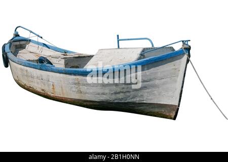 Pêcheur Old Boat isolé Sur fond blanc. Bateau blanc avec rayures bleues. Isolé. Banque D'Images