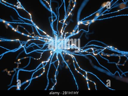 Image conceptuelle d'un neurone alimenté par une charge électrique. Concept de la science et de la recherche du cerveau humain, illustration tridimensionnelle. Banque D'Images