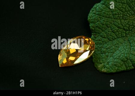 bijoux de luxe en pierres d'or jaune avec congé naturel sur fond noir de mode Banque D'Images