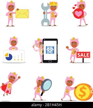 Set caractère de mignon homme acheter une banque de porc pour sa fille. Illustration de Vecteur