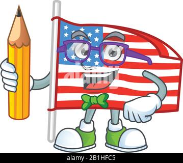 Une icône mascotte du drapeau étudiant des Etats-Unis avec un crayon de personnage de poteau Illustration de Vecteur