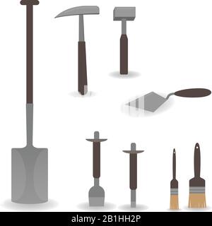 Différents outils de travail : maillet, brosses, burins, truelle, marteau, bêche Illustration de Vecteur