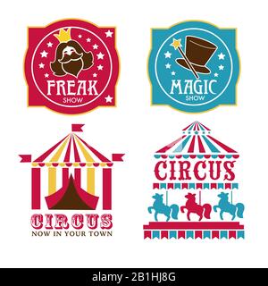 Cirque et magie montrent des bannières avec tentes ou carrousel de chevaux Illustration de Vecteur