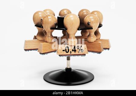 un cachet avec l'inscription moins 0,4 pour cent se bloque dans un rack de timbres Banque D'Images