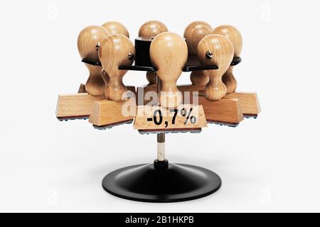 un cachet avec l'inscription moins 0,7 pour cent se bloque dans un support de timbres Banque D'Images