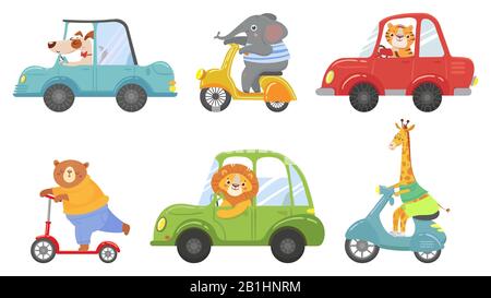 Animaux mignons lors du transport. Animal sur scooter, voiture de conduite et zoo Voyage dessin vectoriel de dessin animé jeu Illustration de Vecteur