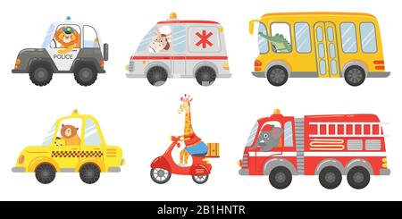 Pilote d'animal de caricature. Animaux en ambulance d'urgence, camion de pompiers et voiture de police. Zoo taxi, bus public et livraison camion vecteur ensemble Illustration de Vecteur
