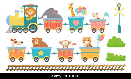 Animaux mignons en train. Un animal heureux dans la voiture de chemin de fer, de petits animaux de compagnie se trouvent sur le jeu d'illustrations vectorielles de la locomotive jouet Illustration de Vecteur