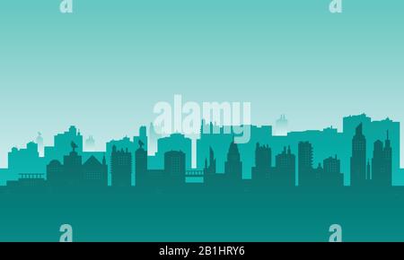 Une silhouette de ville avec beaucoup de bâtiments et un ciel de matin brumeux Illustration de Vecteur
