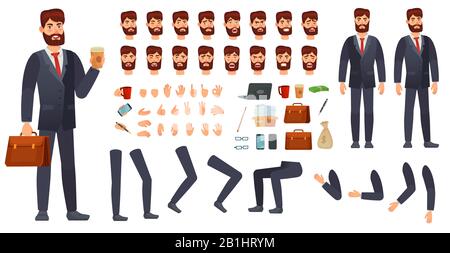 Kit de personnage d'homme d'affaires de dessin animé. Constructeur de caractères d'affaires, différents gestes de mains, émotions de visage et jambes vecteur ensemble Illustration de Vecteur