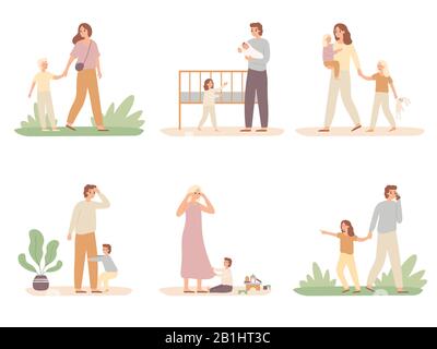 Problèmes de parentalité. Pleurer l'enfant et les parents fatigués, le père épuisé et les enfants veulent l'attention de la mère vecteur illustration set Illustration de Vecteur