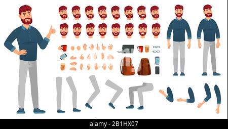 Kit de personnages mâles de dessin animé. Homme dans des vêtements décontractés, différentes mains, jambes pose et émotion faciale. Jeu de vecteurs de constructeur de caractères Illustration de Vecteur