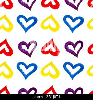 Motif transparent de coeurs rouges, bleus, jaunes violets peints à la main sur fond blanc isolé, coeur peint à l'aquarelle, ornement répété, symbole d'amour Banque D'Images