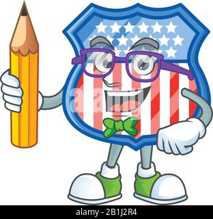 Une icône de mascotte de badges de protection des étudiants USA personnage tenant crayon Illustration de Vecteur