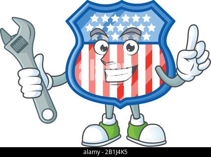 Joyeusement Mechanic Shield badges États-Unis dessin de personnage de dessin animé Illustration de Vecteur