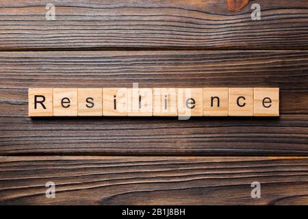 La résilience mot écrit sur une cale en bois. résistance texte sur table, concept. Banque D'Images