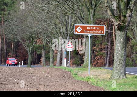 Brandebourg, Allemagne. 25 février 2020. Un panneau 'Beelitzer Spargelstraße' est situé au bord de la route nationale L 88 menant à l'Emstal. Photo: Soeren Stache/dpa-Zentralbild/ZB crédit: DPA Picture Alliance/Alay Live News Banque D'Images