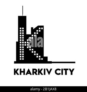 Logo avec champs linéaires. Logo pour Kharkov ville. Concept de silhouette de la construction du Derzhprom. Accent mis sur la lettre K. Illustration de Vecteur