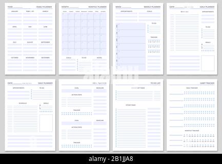 Modèles de pages de planificateur minimaliste. Page de l'organiseur, agenda et livre de contrôle quotidien. Planificateurs de la vie, hebdomadaire et jours organisateurs scénario ensemble Illustration de Vecteur