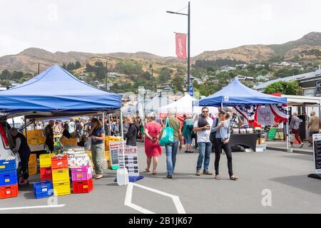 Étals Alimentaires Au Lyttelton Farmer'S Market, Lyttelton, Lyttelton Harbour, Banks Peninsula, Canterbury Region, Nouvelle-Zélande Banque D'Images