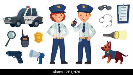 Enfants de la police de dessin animé. Petit garçon et fille en costume de patrouille, voiture de police et chien. Jeu d'illustrations vectorielles pour les badges de police, radio et armes à feu Illustration de Vecteur