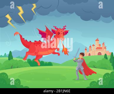 Le chevalier de conte de fées de bande dessinée combat le dragon. Swordsman luttant contre le monstre maléfique, combat de héros avec des dragons médiévale légende illustration vectorielle Illustration de Vecteur
