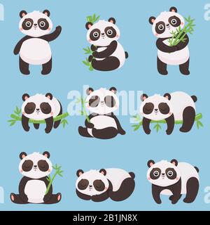 Dessin animé panda enfants. Petits pandas, animaux drôles avec bambou et mignon dormant panda ours vecteur illustration set Illustration de Vecteur