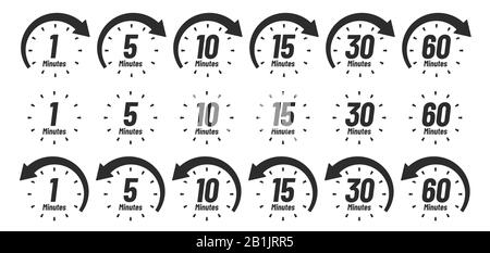 Icône minutes. Icônes de l'horloge analogique, 1 5 10 15 30 horloges de 60 minutes et jeu de vecteur de signe il y a quelques minutes Illustration de Vecteur