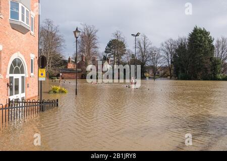 Shrewsbury, Shropshire 25 Février 2020. Des niveaux d'eau sans précédent sur la rivière Severn ont causé de graves inondations dans tout Shrewsbury. Banque D'Images