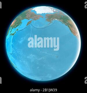 Carte du globe de l'océan Pacifique, de l'Asie et de l'Amérique. Hawaï. Cartographie, atlas géographique. rendu tridimensionnel Banque D'Images