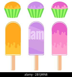 Jeu de Popsicle isolé de couleur plate drizzées avec des gâteaux glacés et des muffins dans les paniers. Sur fond blanc. Illustration de Vecteur