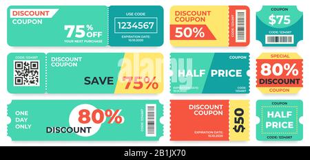 Bon de réduction. Offre à moitié prix, bon cadeau avec code promotionnel et kit vectoriel de modèles de coupons Illustration de Vecteur