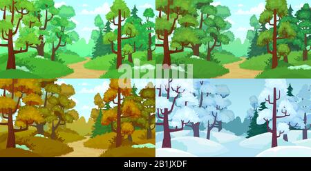 Chemin forestier. Arbres de printemps et d'été, feuilles d'automne et arbres forestiers d'hiver. Illustration vectorielle paysage quatre saisons Illustration de Vecteur