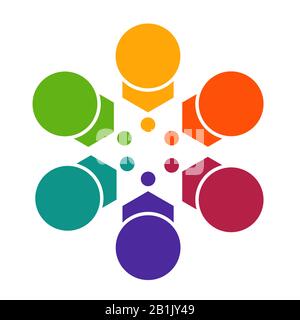 Modèle coloré lumineux pour les infographies des flèches et des cercles avec ombre, organisé en cercle, pour 6 positions Banque D'Images