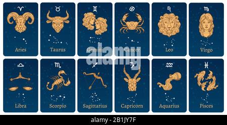 Constellations et signes du zodiaque. Cartes d'horoscope avec des étoiles constellation, jeux d'illustrations vectorielles de symboles d'esquisse de zodiaque décoratifs Illustration de Vecteur