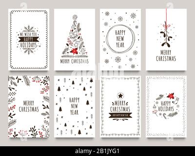 Cartes de vacances d'hiver dessinées à la main. Carte de Noël joyeuse avec ornements floraux, arbre du nouvel an et ensemble vectoriel à motif flocons de neige Illustration de Vecteur