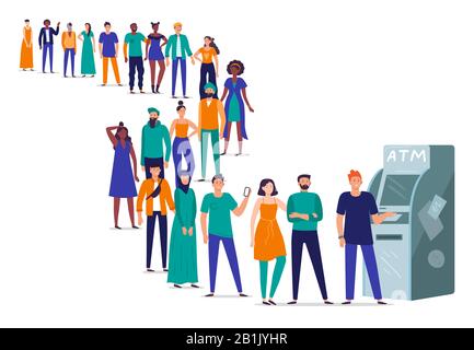 Ligne vers ATM. Les gens se tiennent en file d'attente, la foule attend en ligne pour retirer de l'argent de la carte bancaire à l'aide de l'illustration vectorielle plate de la machine ATM Illustration de Vecteur