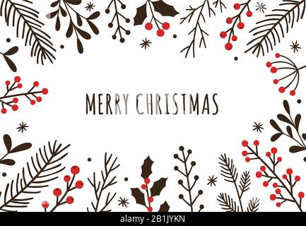Cadre de noël d'hiver dessiné à la main. Carte de vœux ornée de fleurs, feuilles de gribouille et branches avec illustration vectorielle de baies Illustration de Vecteur