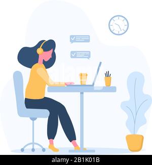 Femme freelance. Une fille dans un casque avec un ordinateur portable assis sur une table. Illustration du concept pour travailler, étudier, éducation, travailler à domicile. Illustration de Vecteur