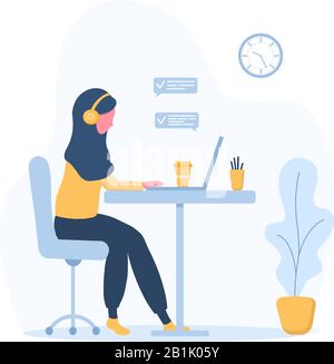 Femme freelance. Une fille arabe dans un casque avec un ordinateur portable assis sur une table. Illustration du concept pour travailler, étudier, travailler à domicile. Illustration de Vecteur